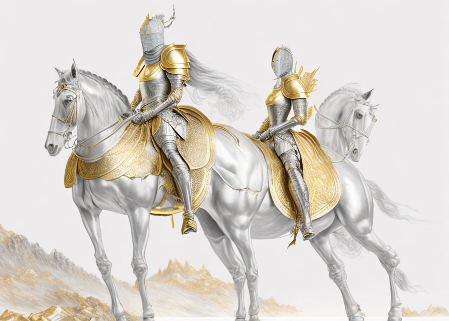 Two knights in silver and gold armor on white horses in minimalist setting