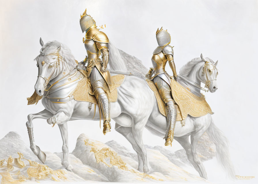 Two knights in golden armor on white horses in elegant setting