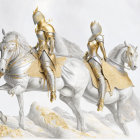 Two knights in silver and gold armor on white horses in minimalist setting