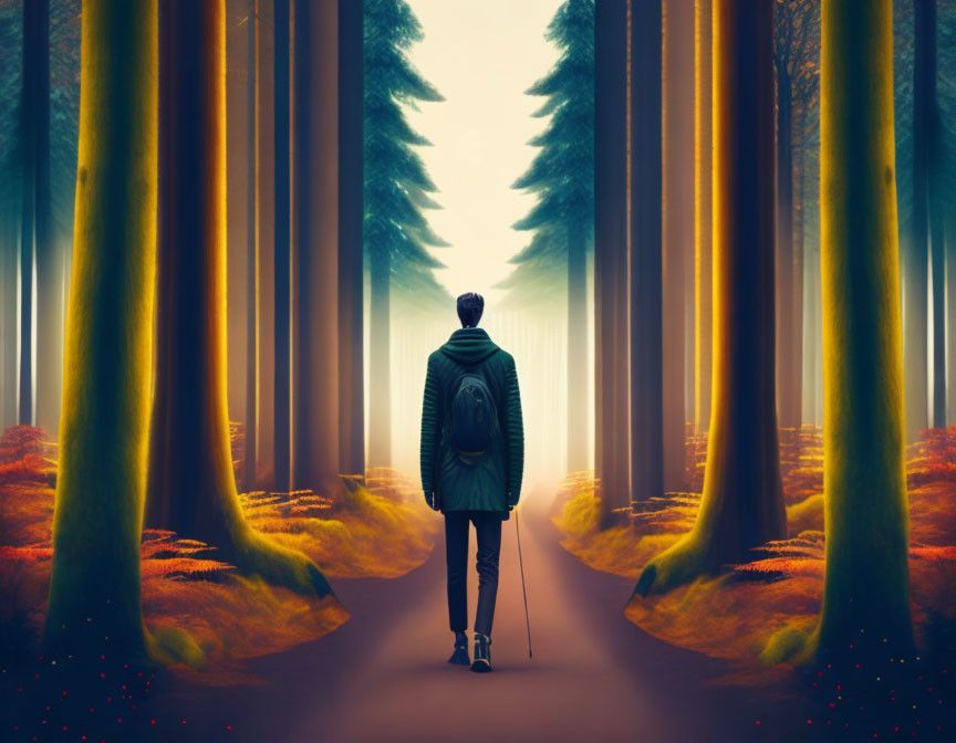 Symmetric forest path scene with person and prosthetic leg in twilight