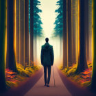 Symmetric forest path scene with person and prosthetic leg in twilight