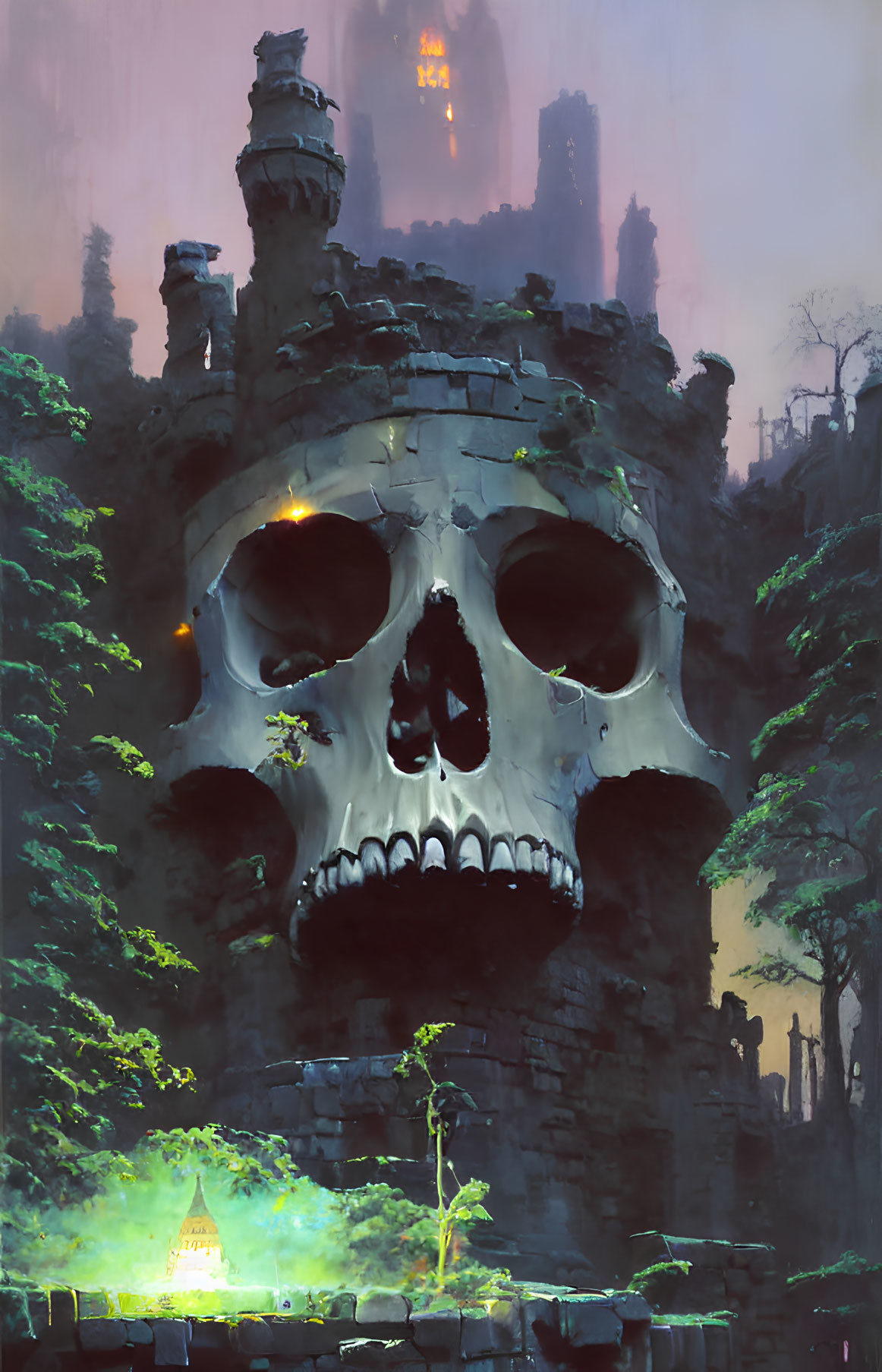 Skull-shaped structure in foggy forest with castle and glowing tent