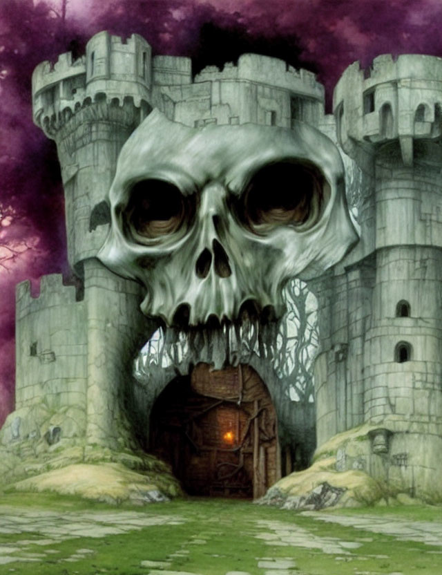 Sinister castle with giant skull facade under gloomy sky