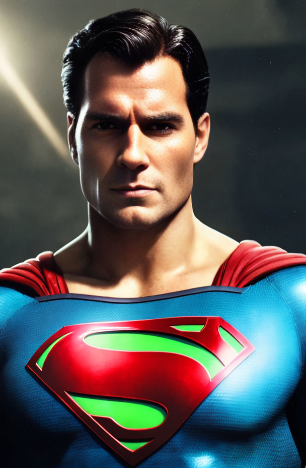 Portrait of Man in Superman Costume with 'S' Logo and Dramatic Lighting