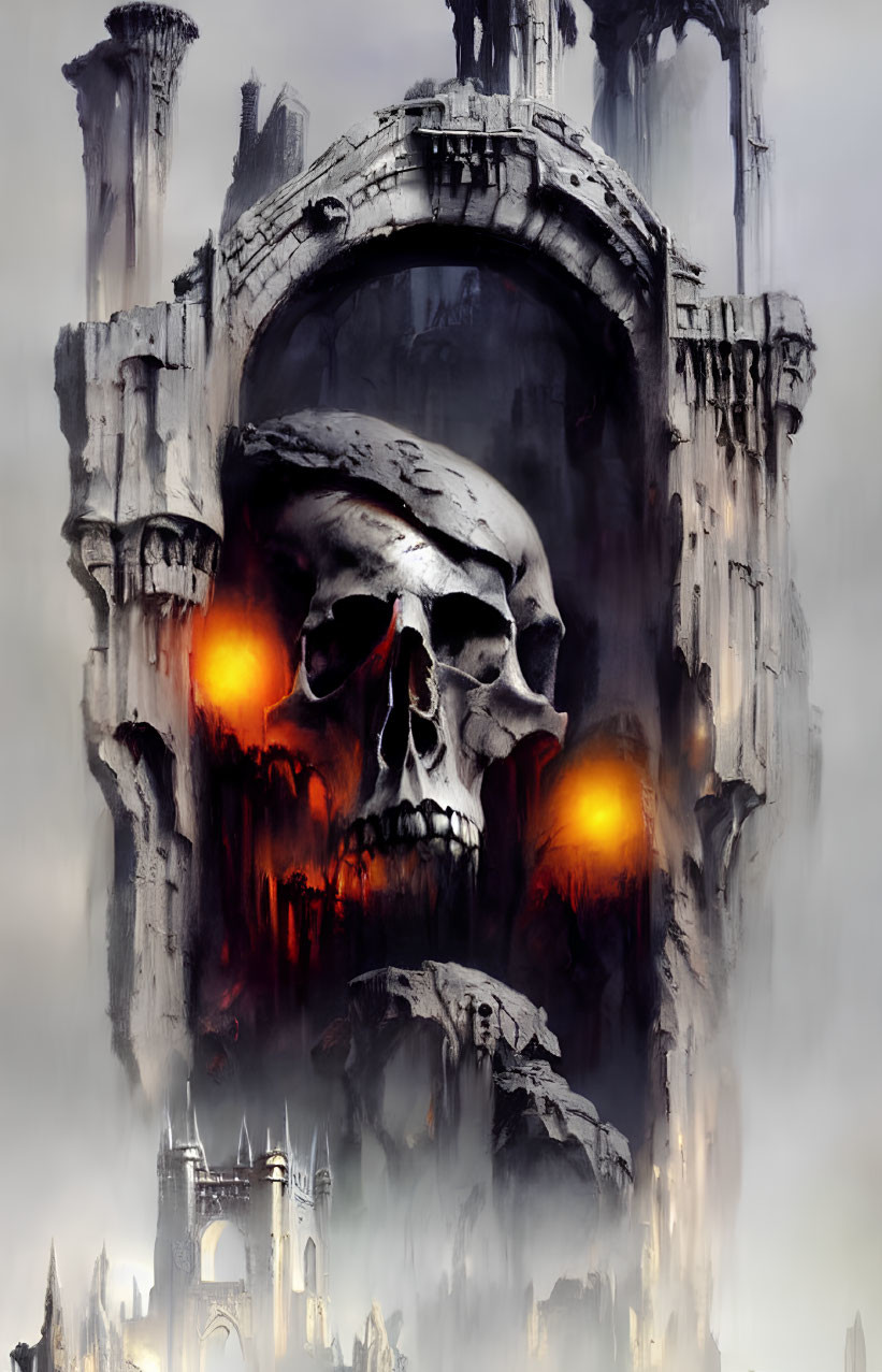 Glowing-eyed skull in eerie gothic landscape with misty towers