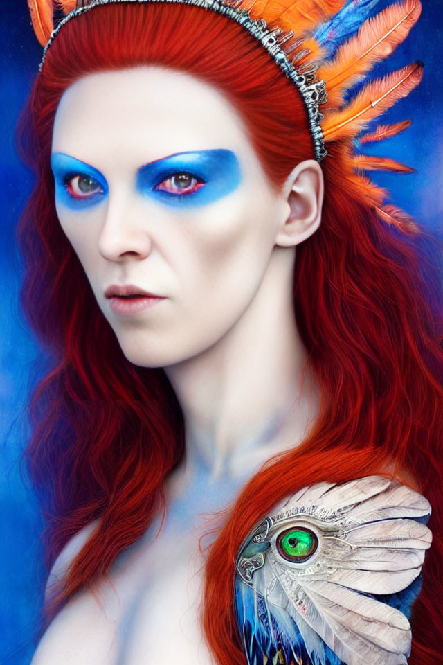 Vibrant red hair, bold blue eye makeup, feathers on shoulder, blue background