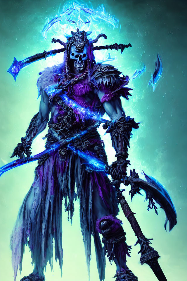 Fantasy figure in skull armor wields staff and scythe on green background