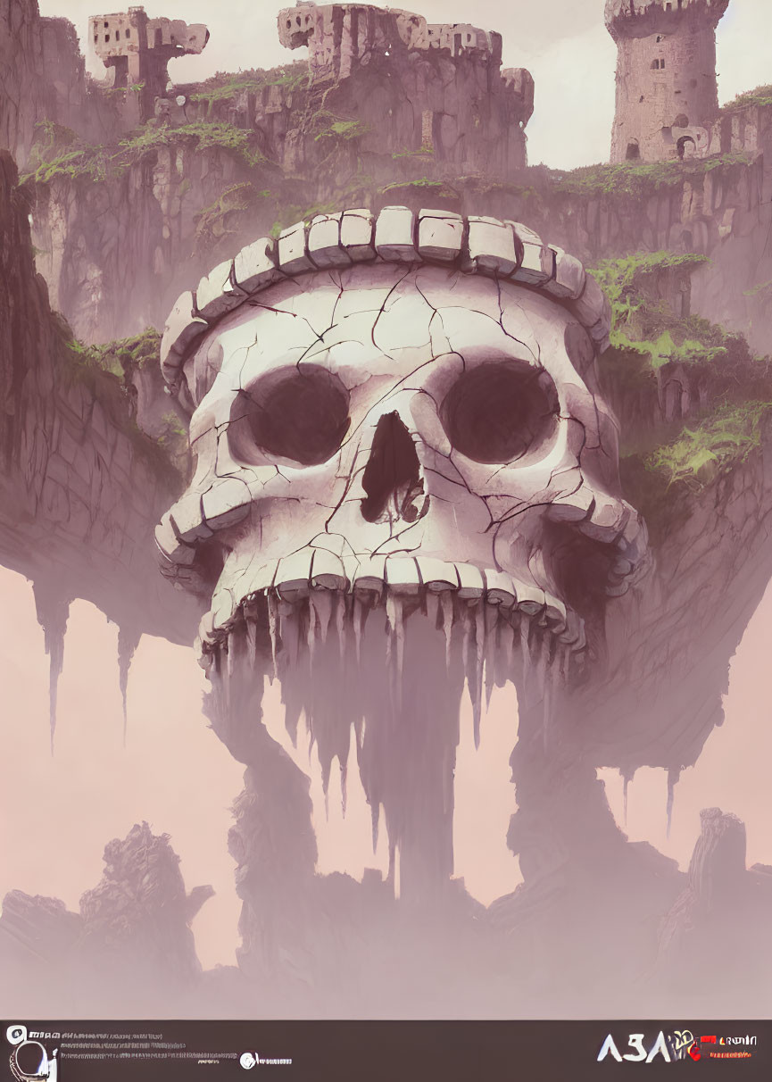 Gigantic skull in misty landscape with castles and eerie lighting