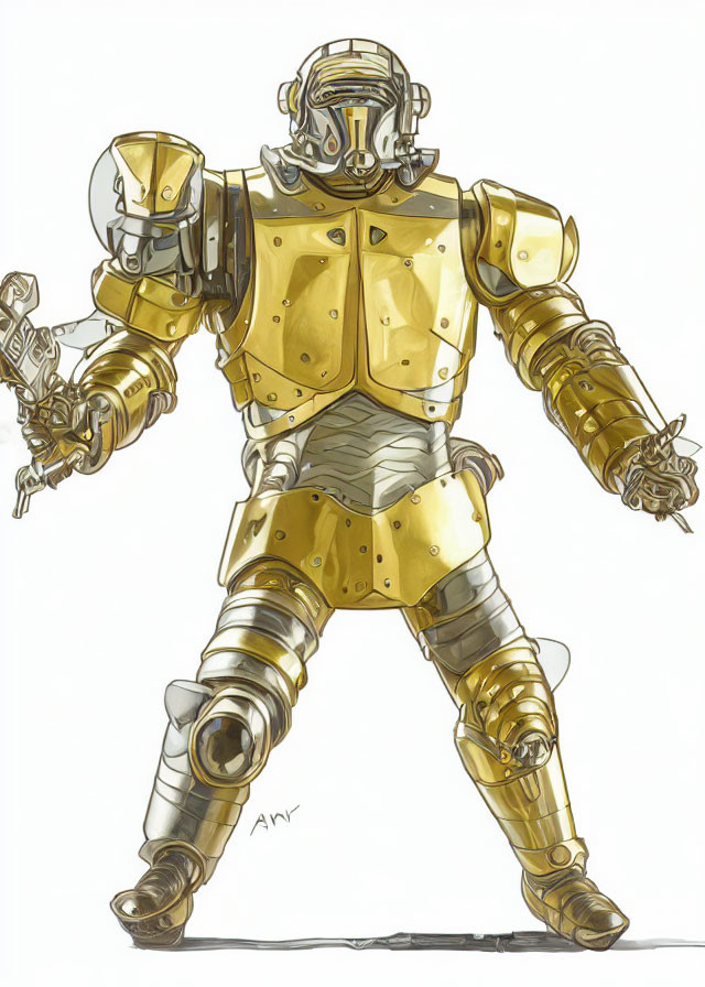 Futuristic robot in golden armor with intricate mechanical details