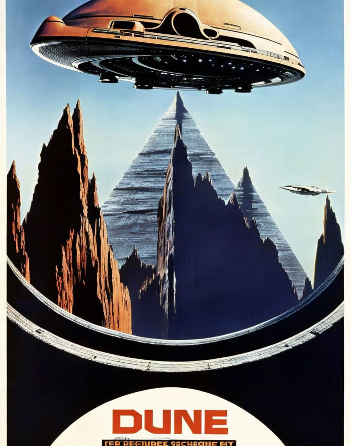 Vintage "Dune" Movie Poster: Spaceship in Desert Landscape with Peaks and Moons