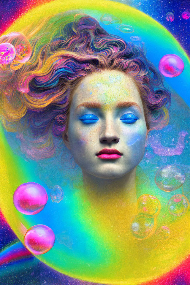 Colorful portrait with multicolored hair and makeup against cosmic backdrop.