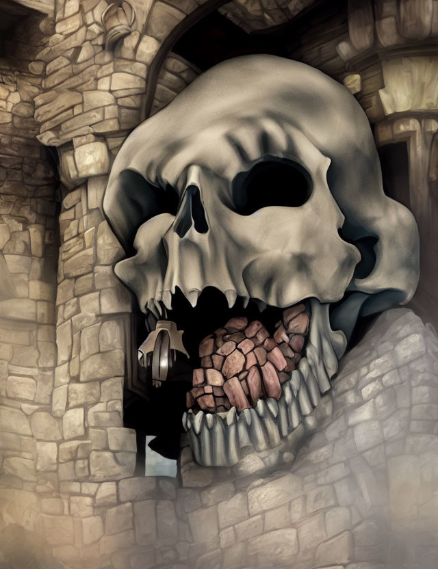 Skull-shaped stone structure with small figure in jaw, surrounded by castle-like walls