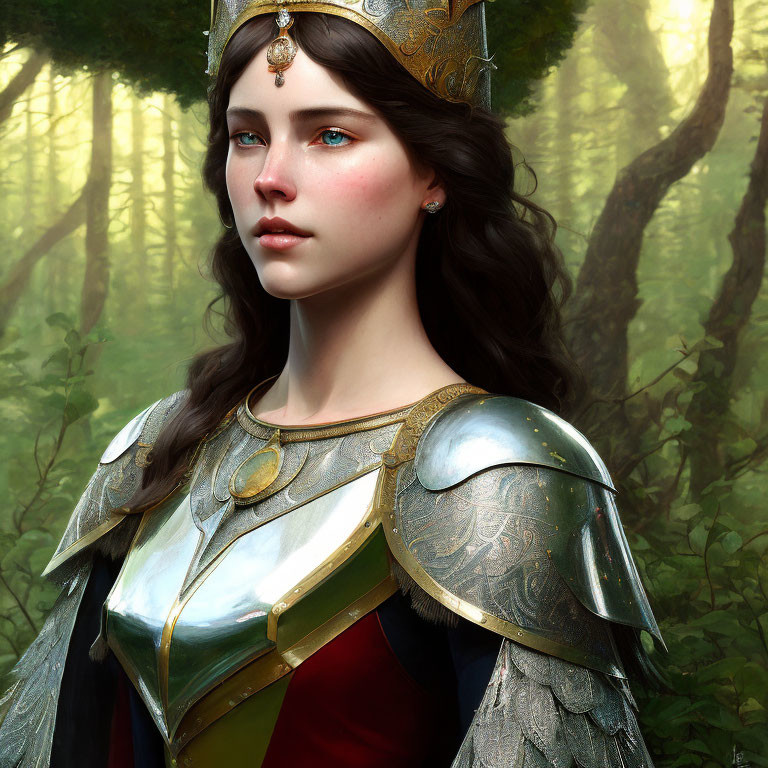 Young woman in regal medieval armor and crown standing in sunlit forest