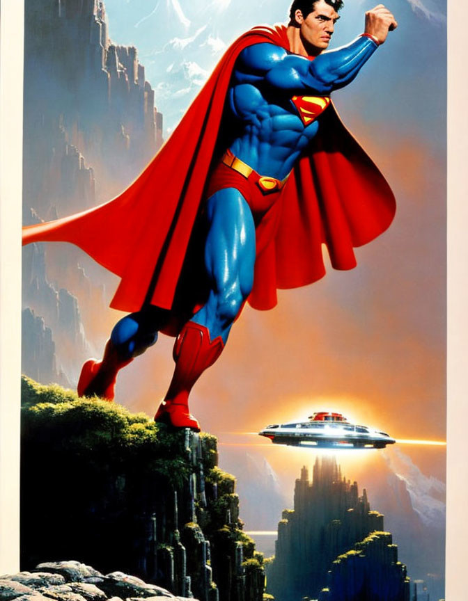 Superman illustration: Heroic figure with flowing cape in futuristic cityscape