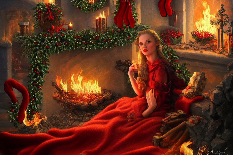 Woman in red cloak by Christmas fireplace with wine glass