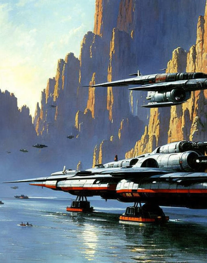 Futuristic sci-fi landscape with hovering spaceships over water and cliffs