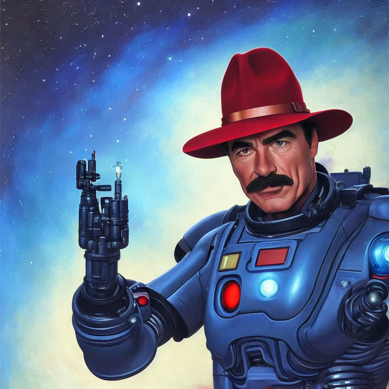 Man with Mustache in Red Hat and Futuristic Blue Armor Holding Multi-Barreled Gun in Space