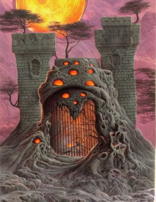 Fantastical fortress with tree-like features and glowing red windows in pink skies.