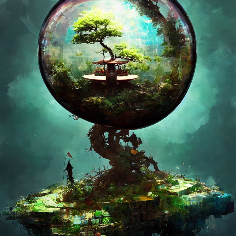 Figure under giant tree in transparent sphere with floating islands.