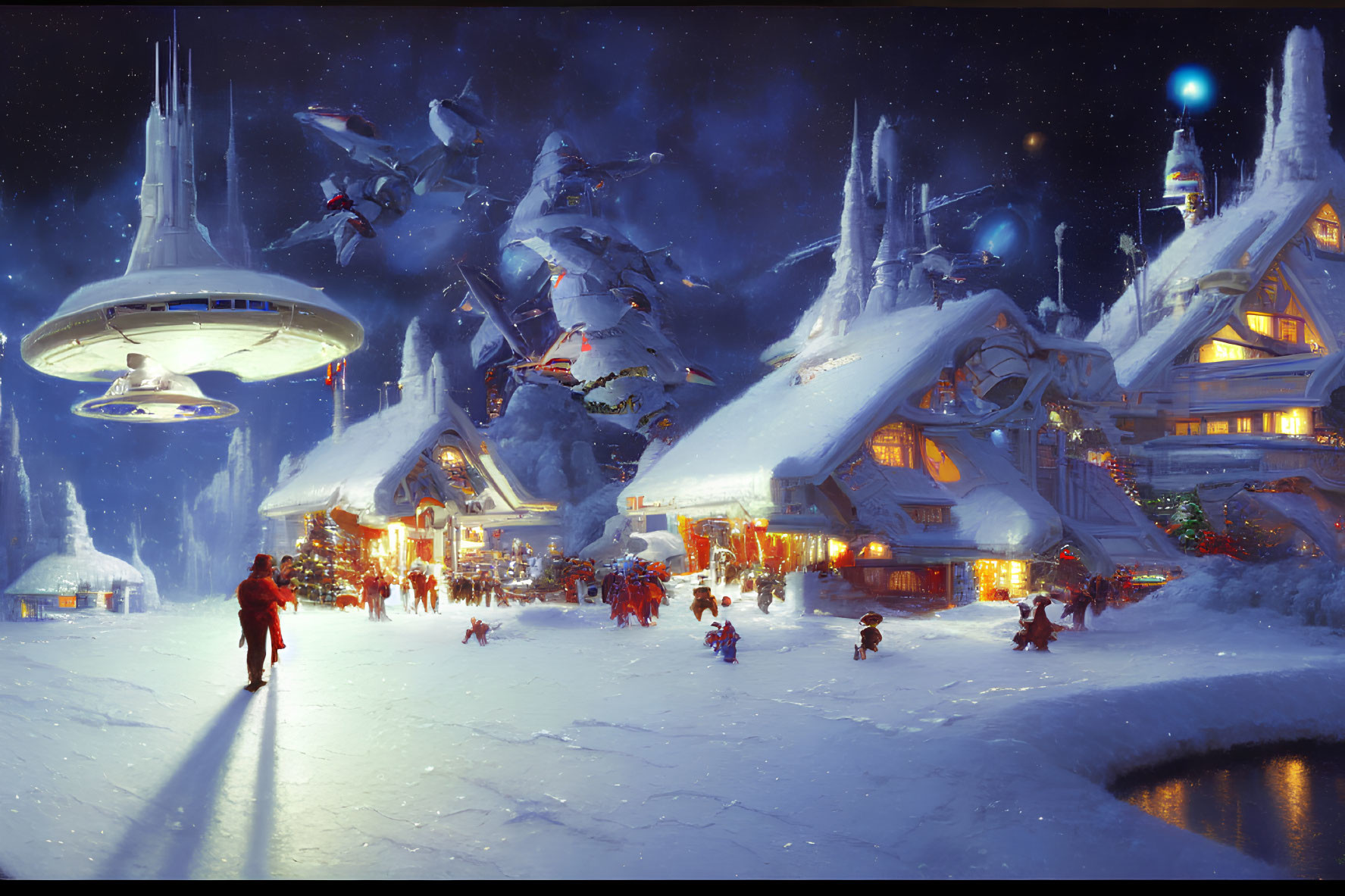 Festive sci-fi scene with snow, futuristic buildings, and flying vehicles