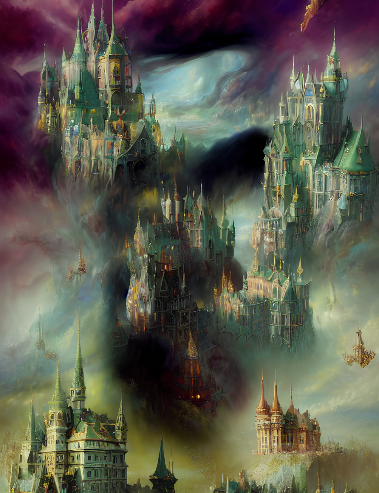 Fantastical cityscape with floating castles and ornate architecture