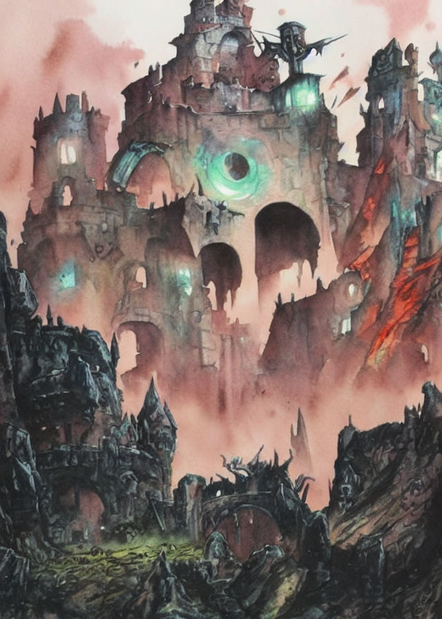 Fantasy castle ruin with malevolent green eye in crimson and gray skies