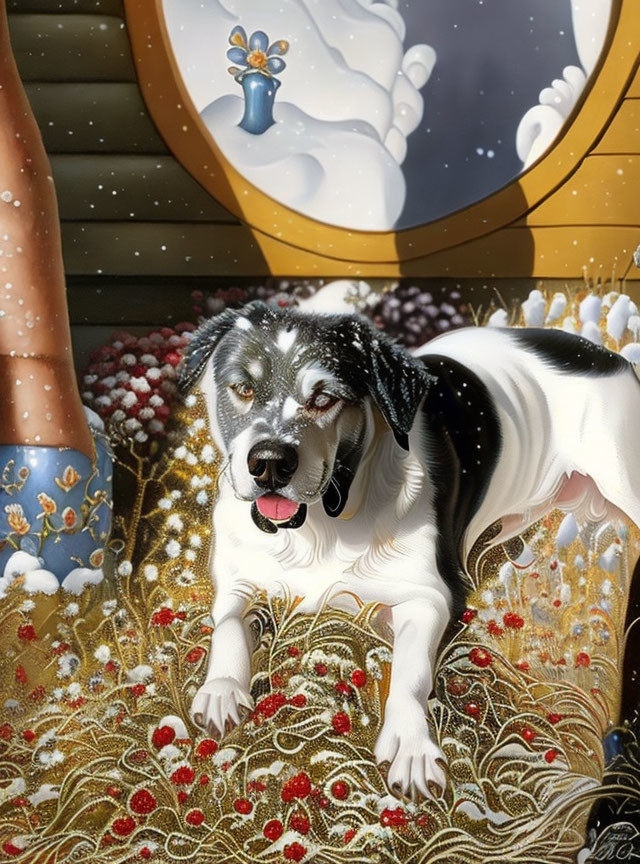 Black and White Dog with Blue Eyes Resting Among Golden Flowers in Snowy Scene