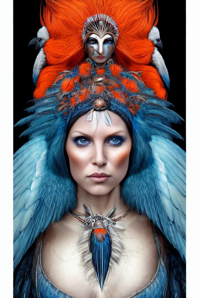 Striking Blue-Eyed Woman in Elaborate Feather Headdress