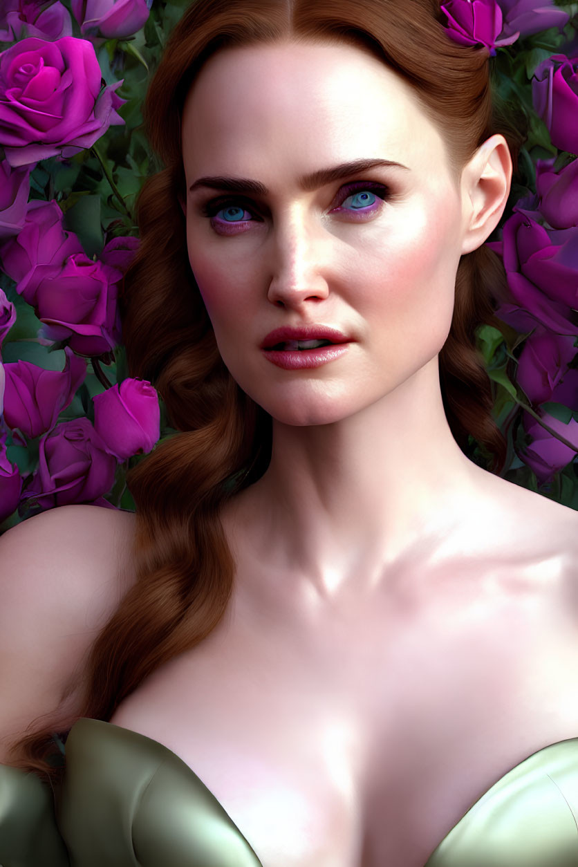 Portrait of Woman with Fair Skin, Auburn Hair, Blue Eyes, and Purple Roses