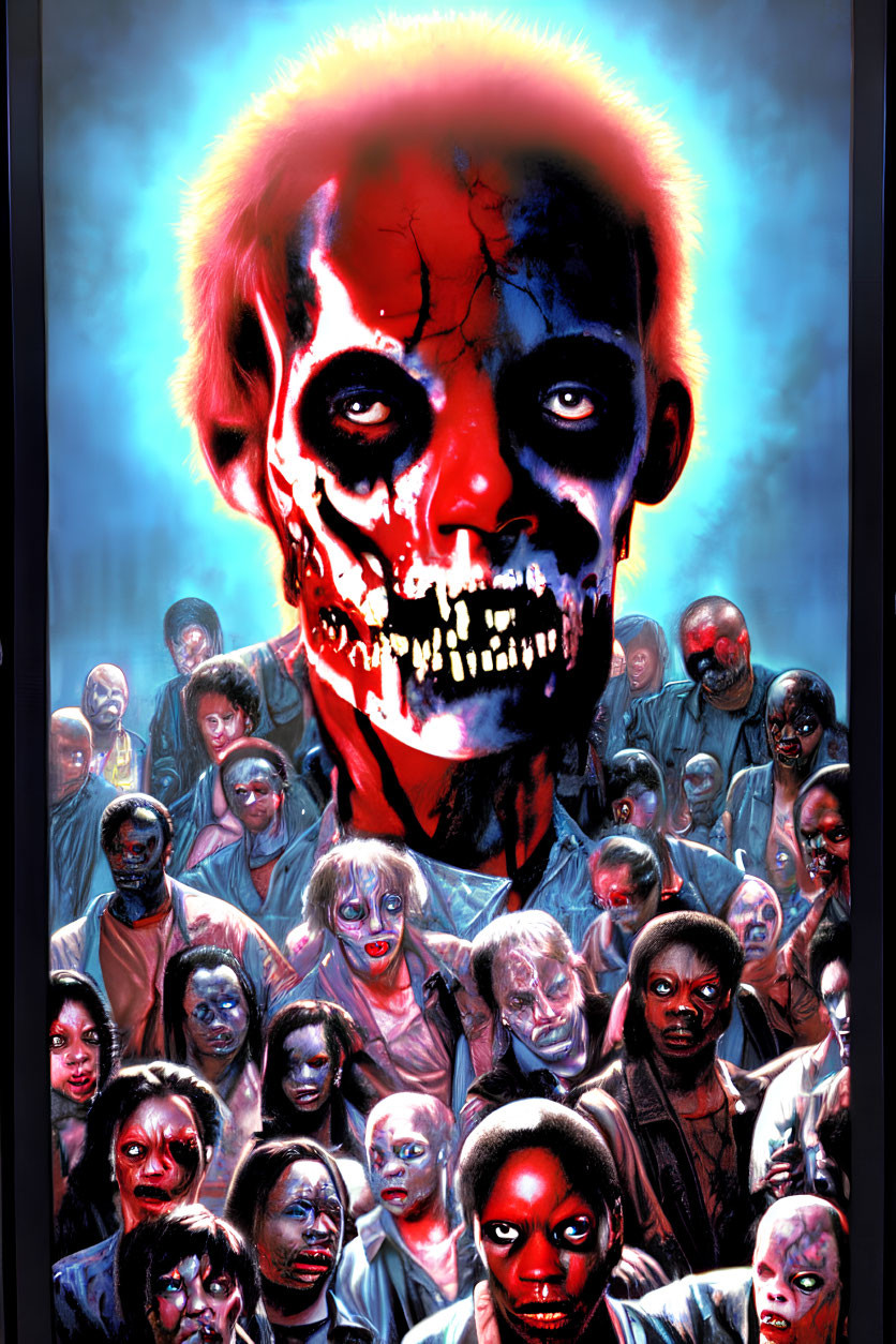 Detailed artwork of skull-faced figure and zombies under red lighting