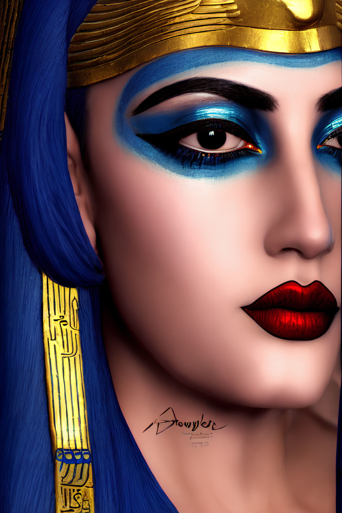 Digital artwork: Blue-skinned person with Egyptian headdress and hieroglyphs