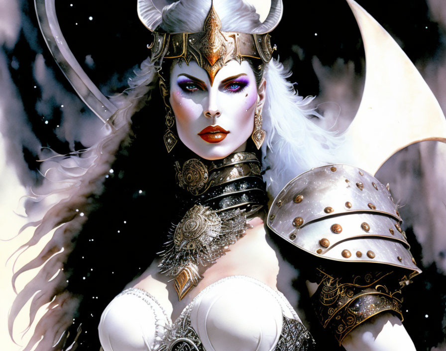 Fantasy woman in white and silver armor with horned helmet against starry sky