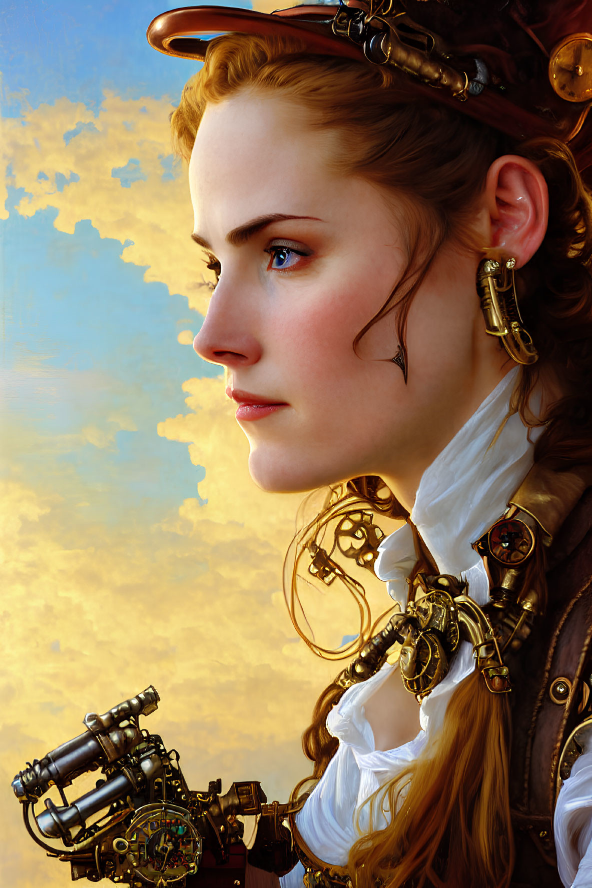 Steampunk-inspired portrait of woman with mechanized arm in Victorian outfit.