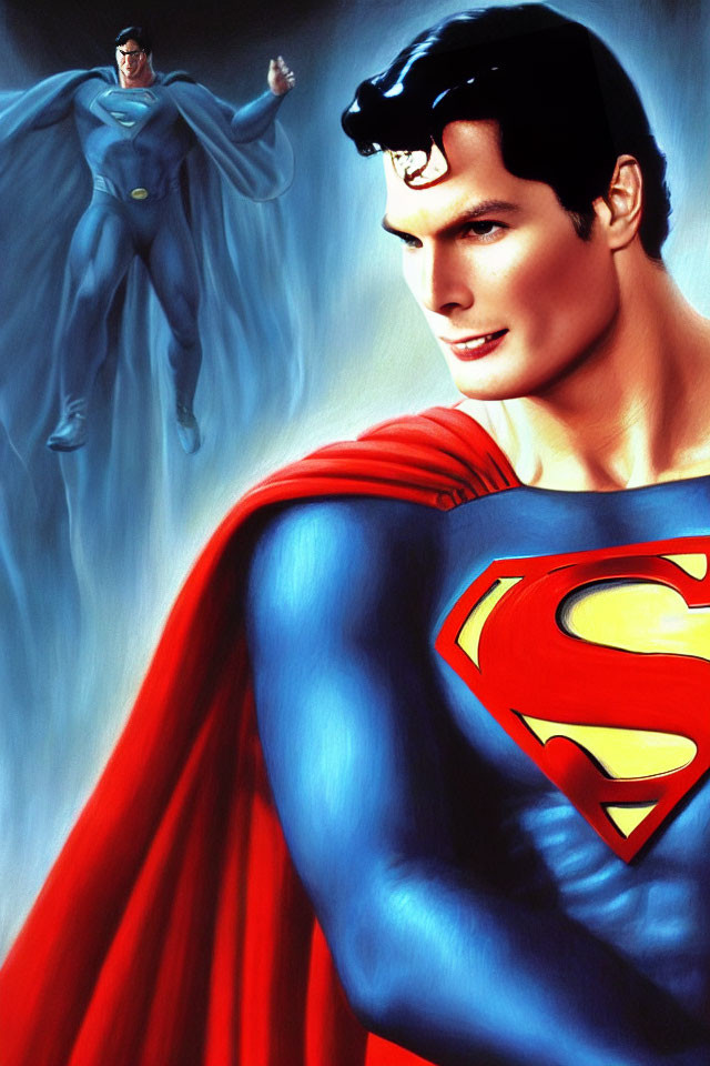 Superman Artwork: Close-up of confident smile, red cape, emblem, with flying figure in