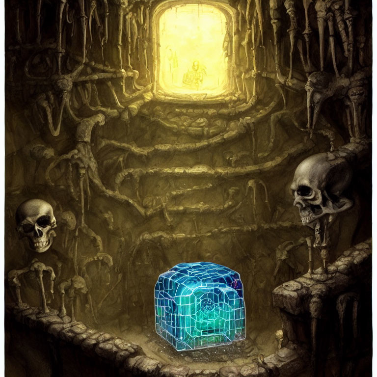 Eerie chamber with bone-adorned walls and glowing blue cube in center