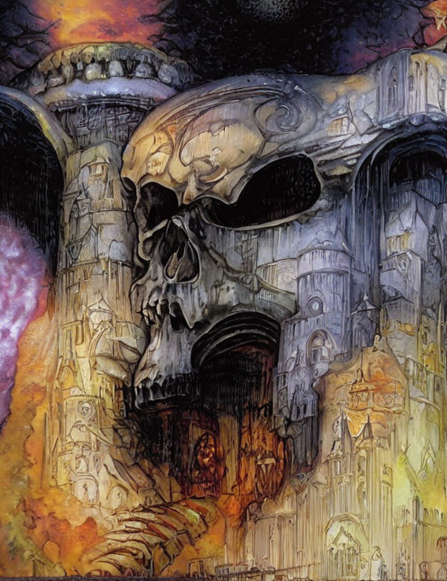 Fantasy painting: Large skull in gothic ruins with cosmic backdrop