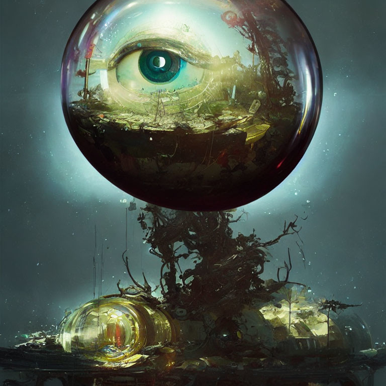 Surreal artwork: Giant eye in transparent sphere reflects abandoned urban landscape