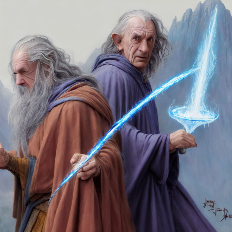 Elderly wizards with staffs conjuring lightning in mountainous setting