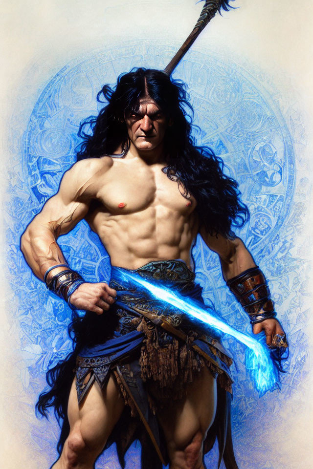 Muscular warrior with glowing blue sword in rune circle