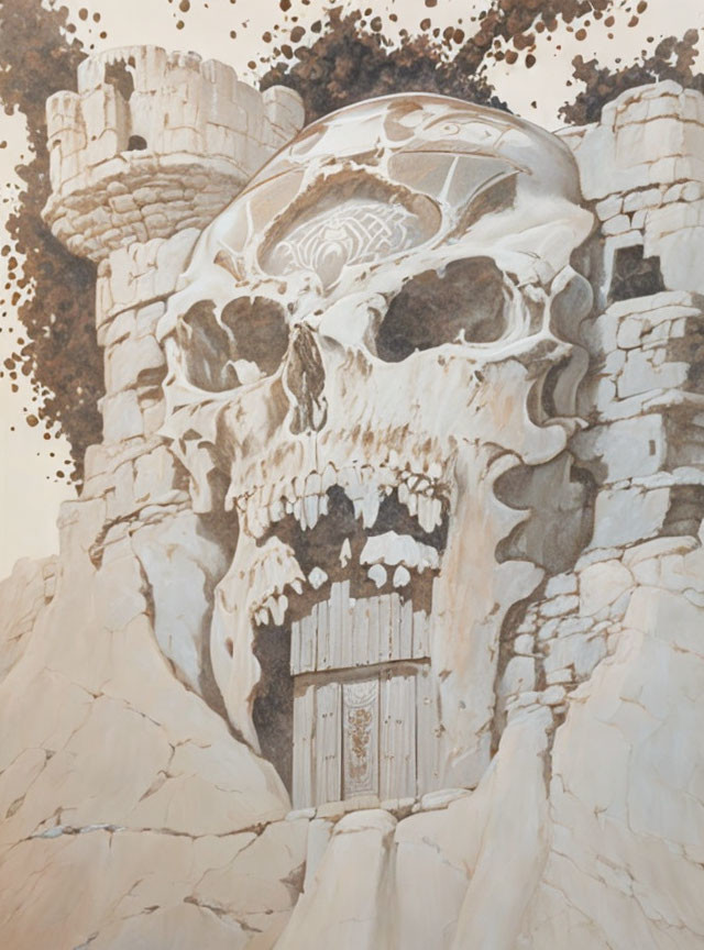 Skull-shaped rock formation with wooden door in surreal artwork