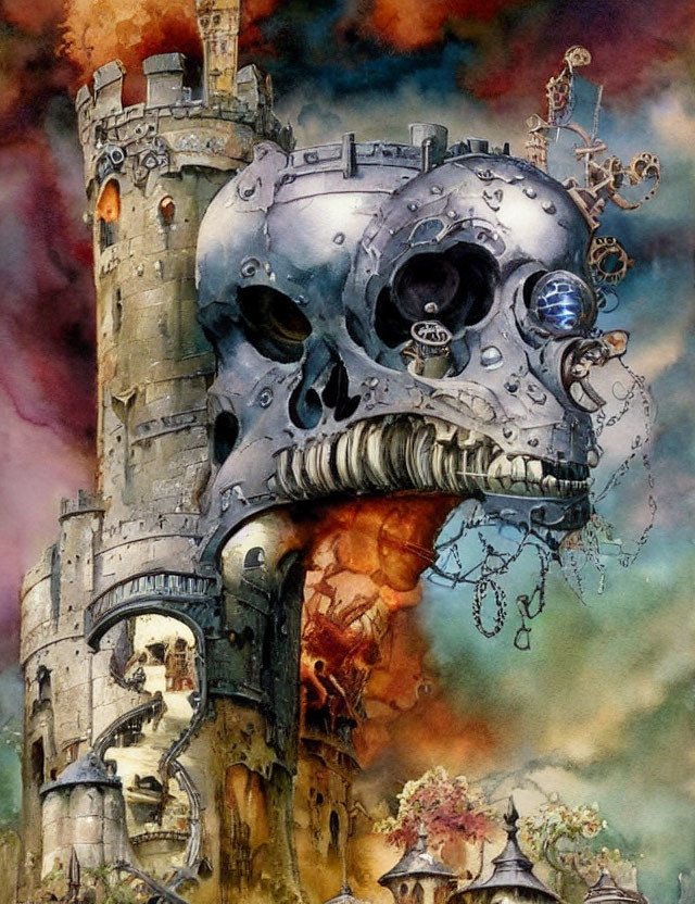 Skull-shaped metallic structure fused with ancient tower in fantastical painting