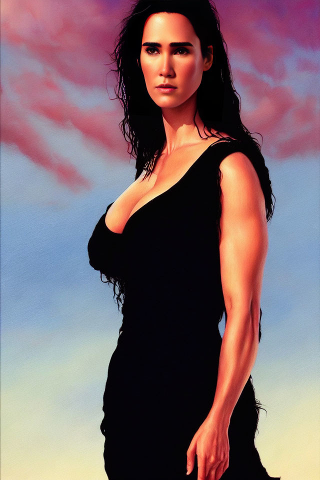 Stylized portrait of woman in black dress under pink sunset sky