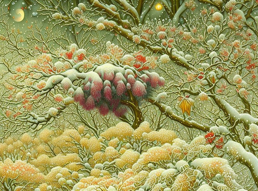 Detailed painting of snow-covered garden with blooming flowers