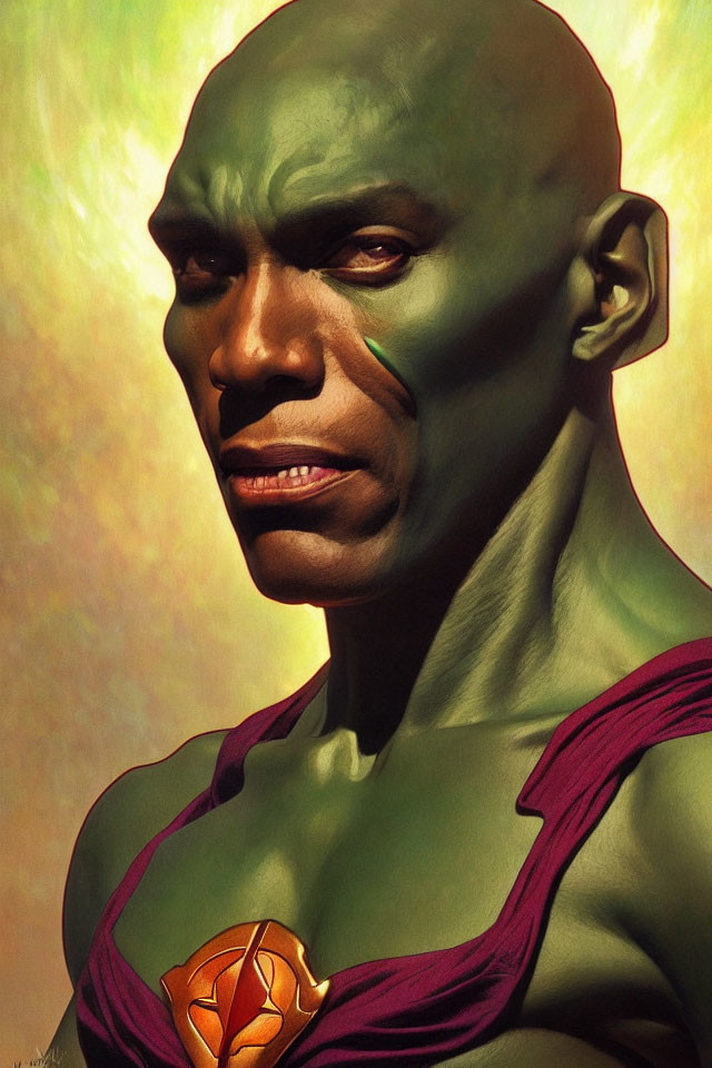 Muscular Green-Skinned Superhero in Red Costume with Gold Emblem