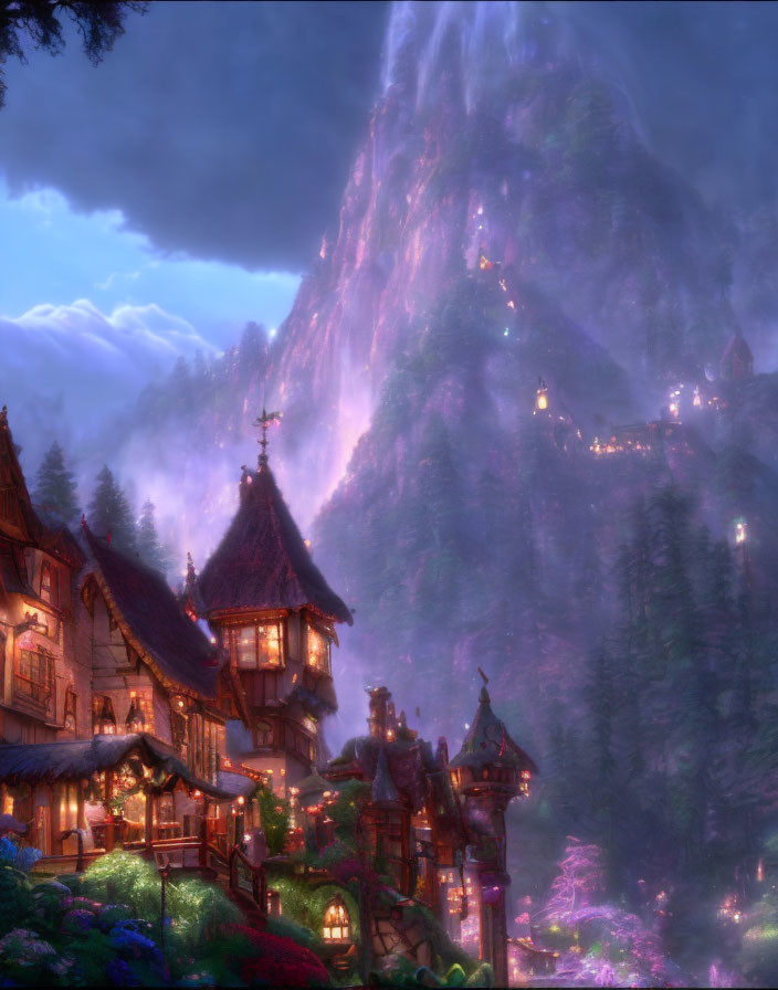 Mountain village night scene with glowing buildings, flora, and misty peak.