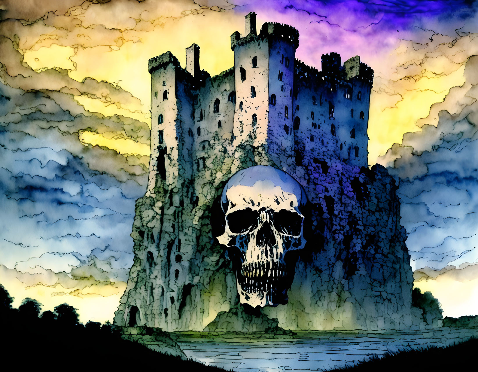 Spooky castle on cliff with skull under stormy sky at dusk