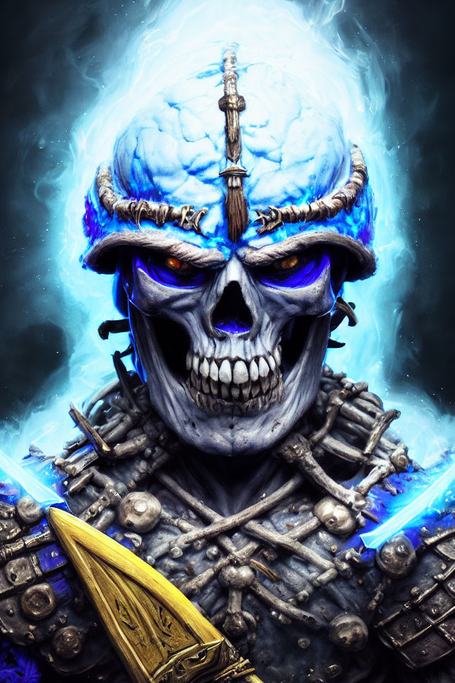 Detailed Illustration of Menacing Skull with Blue Flames, Helmet, and Sword on Dark Background