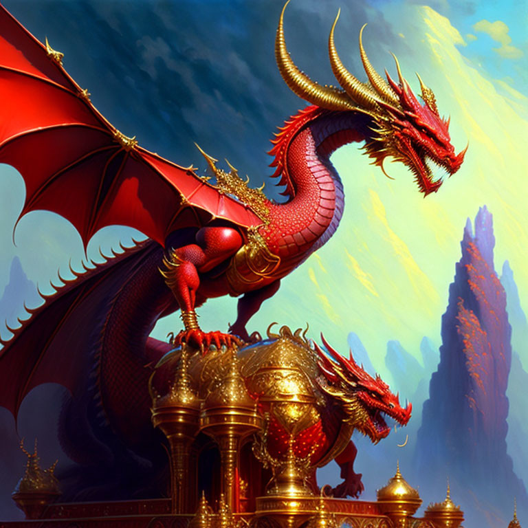 Red Dragon with Golden Horns on Ornate Structure Amid Red Rock Formations