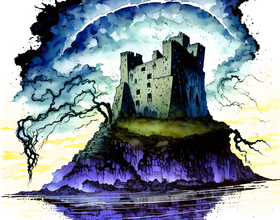 Vivid watercolor illustration of imposing castle on floating island with twisted trees under stormy sky.