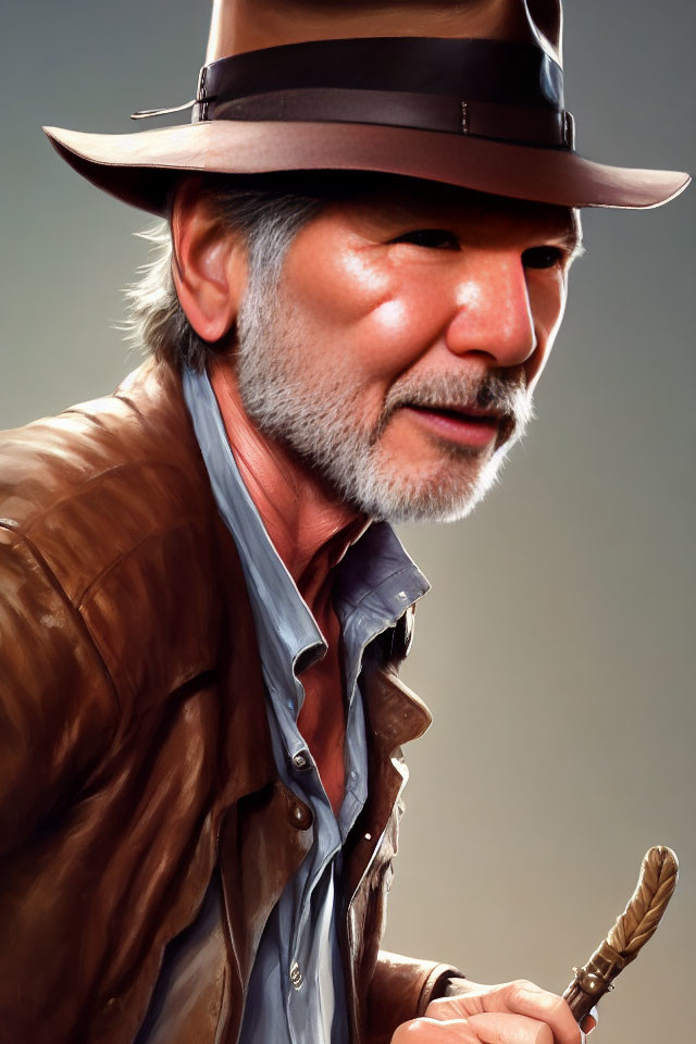 Portrait of rugged man with graying beard, leather cowboy hat, brown jacket, blue shirt, holding